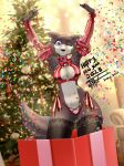  2022 anthro armwear beastars big_breasts black_nose blue_eyes breasts canid canine canis claws cleavage clothed clothing confetti female finger_claws fingers fur gift_box grey_body grey_fur hands_above_head hi_res holidays humanoid_hands juno_(beastars) legwear lingerie mammal navel new_year new_year_2023 one_eye_closed panties signature smile solo taka_studio thigh_highs underwear wolf 