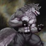  2021 abs absurd_res anthro athletic biceps biped black_nose bloody_roar bottomwear canid canine canis chibikoma clothing digital_drawing_(artwork) digital_media_(artwork) fangs fluffy fluffy_tail fur grey_body grey_fur grey_tail hi_res looking_at_viewer male mammal multicolored_body multicolored_fur muscular muscular_anthro muscular_male neck_tuft open_mouth pants pecs portrait pose red_eyes scar sharp_teeth solo spreading tail teeth three-quarter_portrait tuft two_tone_body two_tone_fur white_body white_fur wolf yugo_ogami 