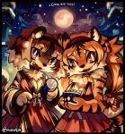  2022 anthro breasts canid canine canis cleavage clothed clothing cloud cute_fangs digital_media_(artwork) domestic_dog duo felid female female_anthro fur hair holidays kemono krea looking_at_viewer mammal mogy64 moon multicolored_body multicolored_fur multicolored_hair new_year night pantherine sky tail tiger 