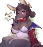  2022 anthro big_breasts blush breasts cleavage clothed clothing english_text female gesture hi_res lagomorph leporid mammal rabbit sitting solo text v_sign whooo-ya 