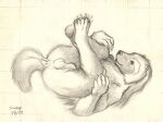  2013 animal_genitalia anthro anus balls butt clawed_fingers claws genitals gulonine looking_at_viewer lying male mammal mustelid musteline on_back presenting presenting_hindquarters scale_(artist) sheath sketch solo toe_claws wolverine 