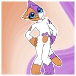  1:1 :3 animated anthro blue_sclera cally_(theenyface) capcom claws dipstick_tail domestic_cat felid feline felis felyne female footprint fur hands_on_hips looking_at_viewer loop low_res lynian mammal markings monster_hunter orange_body orange_fur palico pawprint pawprint_marking pink_nose purple_body purple_fur short_loop short_playtime smile solo tail tail_markings tail_motion tail_sway theenyface white_body white_fur 