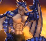  2_horns abs anthro biceps black_bottomwear black_clothing blue_body blue_eyes blue_scales bottomwear clothed clothing digital_media_(artwork) dragon ear_fins ear_frill fin flexing_bicep frill_(anatomy) hand_on_hip head_spikes horn looking_at_viewer male marsel-defender membrane_(anatomy) membranous_wings muscular muscular_anthro muscular_male nipples orange_sky pecs scales scalie solo spikes spikes_(anatomy) tail tail_frill tan_body topless topless_anthro topless_male vein veiny_muscles wings 