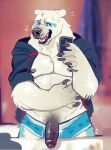  anthro bathroom bear blue_clothing blue_eyes bodily_fluids claws clothing genitals hand_on_stomach jacket male mammal muscular muscular_anthro muscular_male nervous_smile nipples pecs penis phone polar_bear selfie solo sweat topwear underwear unknown_artist ursine 