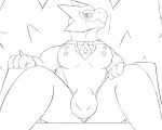  anthro bulge chair clothing detailed_bulge dragon furniture hi_res kings_of_hell leotard mal_leviathan male monochrome muscular muscular_anthro muscular_male pecs sitting solo throne tight_clothing vigmarr 