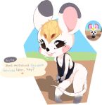  animal_crossing anthro bella_(animal_crossing) blonde_hair bottomless bottomless_female brown_eyes clothed clothing dialogue english_text female hair hi_res leaning leaning_forward looking_at_viewer mammal mouse murid murine nintendo outside rodent shirt skeet_(artist) smile solo speech_bubble standing tank_top text topwear white_body 