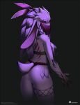 2022 anthro big_ears blood bodily_fluids braided_hair breasts butt clothed clothing doomthewolf eyelashes female fur hair hi_res long_ears looking_back mammal mask partially_clothed purple_body purple_fur purple_hair rear_view red_eyes skimpy solo unknown_species 