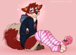  &lt;3 2022 4_toes anthro blush bottomless canid canine clothed clothing feet hi_res hoodie jfet legwear male mammal pattern_clothing pattern_legwear pattern_stockings pawpads paws samaella simple_background sitting solo stockings striped_clothing striped_legwear striped_stockings stripes tail tail_motion tailwag toes topwear 