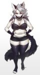  2022 absurd_res anthro big_breasts bodily_fluids bottomwear bra breasts canid canid_demon clothing collar demon ear_piercing ear_ring elbow_tuft eyebrows female fingerless_gloves fluffy fluffy_tail fur gloves grey_body grey_fur hair hands_on_belly handwear hellhound helluva_boss hi_res loona_(helluva_boss) mammal midriff navel notched_ear pgm300 piercing pupils red_sclera ring_piercing shorts shoulder_tuft slightly_chubby slit_pupils solo spiked_collar spikes sweat tail thick_thighs toeless_legwear tuft underwear white_body white_fur 