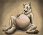  2021 anthro arm_support belly big_belly breasts canid canine claws crescent_(lupamcrescent) fangs featureless_breasts female fur genitals green_eyes hand_on_stomach hyper hyper_belly looking_down lupamcrescent mammal navel nude outie_navel pawpads paws pregnant pregnant_female pussy signature sitting smile solo teeth were werecanid werecanine werewolf white_body white_fur 