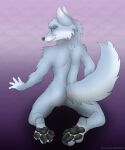  5:6 butt canid canine canis digital_media_(artwork) domestic_dog hi_res kneeling mammal pawpads paws pose rear_view smile smirk tail wolf 