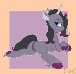  2018 anus black_hair black_tail blue_eyes cloven_hooves curved_horn darkened_genitalia digital_drawing_(artwork) digital_media_(artwork) equid equine female feral fetlocks fur genitals grey_body grey_fur hair hi_res highlights_(coloring) hooves horn itwasscatters looking_back lying mammal oleander_(tfh) on_front pink_highlights purple_hooves pussy signature simple_background smile solo sploot tail them&#039;s_fightin&#039;_herds unicorn 