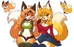  2022 2_tails absurd_res ahoge anthro bedroom_eyes bell bell_collar big_breasts biped blush bottomwear breasts canid canine cleavage clothed clothing collar digital_media_(artwork) duo english_text female feral fox fur green_clothing green_topwear hair half-closed_eyes hand_on_hip hi_res inner_ear_fluff jasmin_(jasminthemanticore) jasminthemanticore lisa_(jasminthemanticore) looking_at_viewer mammal midriff multi_tail multicolored_body narrowed_eyes navel open_mouth orange_body orange_fur red_clothing red_topwear seductive shorts simple_background sitting skirt smile standing tail text topwear tuft unzipped vest white_background white_body white_fur wide_hips yellow_body yellow_fur 