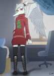  5_fingers amber_eyes anthro bed blue_body bone_frill boots chair christmas christmas_clothing christmas_tree clothing dialogue english_text eyeshadow fang_(gvh) feathered_wings feathers female fingers fist footwear frill_(anatomy) furniture goodbye_volcano_high grey_body grey_feathers grey_hair hair hand_on_hip hi_res holidays holly_(plant) inside knee_boots knee_highs legwear makeup office_chair plant plantigrade pterodactylus pterosaur reptile scalie short_tail snoot_game_(fan_game) snout snowflake solo spiked_hairband standing stockings sweater tail talking_to_viewer text thigh_highs topwear tree venskaa wings 