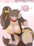  2021 anthro athom big_breasts breasts canid canine canis cleavage clothed clothing cosplay female hair hi_res kasumi_(doa) looking_at_viewer mammal nipple_outline nipple_slip petals sara_(athom) signature solo text tied_hair url wolf 