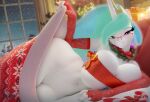  absurd_res anthro big_breasts breasts crown equid equine eyewear female friendship_is_magic genitals glasses hasbro hi_res hooves-art horn inviting_under_covers lying mammal my_little_pony navel on_side princess_celestia_(mlp) pussy solo thick_thighs unicorn wide_hips 