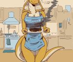  anthro apron apron_only big_breasts blush blush_lines breasts burnt_food clothing deltav dialogue female food grilled_cheese hi_res inside kitchen mostly_nude reptile sandwich_(food) scalie snake solo talking_to_viewer text text_on_clothing 