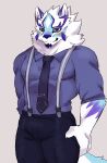  anthro canid canine facial_markings fur head_markings hi_res lifewonders live_a_hero male mammal markings muscular muscular_anthro muscular_male necktie nokia1124_a pecs sadayoshi solo suspenders white_body white_fur 