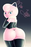  2018 armwear bedroom_eyes butt clothing digital_media_(artwork) elbow_gloves eyelashes female generation_1_pokemon gloves handwear hi_res humanoid jigglypuff legwear looking_back looking_down narrowed_eyes nintendo panties pink_body pokemon pokemon_(species) portrait rubber rubber_clothing seductive sirredbenjamin smile teal_eyes thigh_highs three-quarter_portrait underwear 