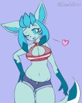  &lt;3 4:5 anthro big_breasts blue_body blue_eyes blue_hair breasts ear_piercing ear_ring eeveelution female generation_4_pokemon glaceon hair hand_on_hip hi_res mazzlerazz navel nintendo one_eye_closed phenna piercing pokemon pokemon_(species) ring_piercing signature simple_background smile solo standing thick_thighs wide_hips wink 