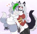  2022 anthro bottomless breasts canid canid_demon canine canis clothed clothing collar demon digital_media_(artwork) duo ear_piercing embrace female female/female five_nights_at_freddy&#039;s five_nights_at_freddy&#039;s:_security_breach fumonpaw fur green_hair grey_body grey_fur hair hellhound helluva_boss hi_res hug legwear loona_(helluva_boss) mammal pawpads piercing red_clothing red_sclera roxanne_wolf_(fnaf) scottgames side_hug simple_background smile stockings tail topwear white_body white_clothing white_fur wolf yellow_eyes 