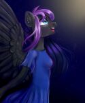  5:6 absurd_res anthro black_body black_feathers blue_eyes breasts clothing digital_media_(artwork) dress ear_piercing equid equine fan_character feathered_wings feathers female hair hasbro hi_res long_hair looking_up mammal my_little_pony open_mouth open_smile pegasus piercing purple_hair ske smile solo wings 