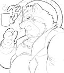  anthro coffee_mug eyewear glasses goggles gumpang0 hi_res lifewonders live_a_hero male mammal monochrome mug open_mouth overweight procyonid raccoon sketch solo tentacles viscunam yawn 