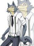  2019 anthro beastars belt bottomwear canid canine canis claws clothed clothing ears_up fur half-closed_eyes hi_res legoshi_(beastars) looking_aside looking_away male mammal narrowed_eyes necktie pants raised_tail reagan700 shirt solo suspenders tail topwear wolf 