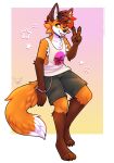  2022 4_fingers anthro blep bottomwear canid canine clothed clothing ear_piercing fingers fleurfurr fox gesture hi_res male mammal piercing shirt shorts simple_background solo tank_top tongue tongue_out topwear v_sign wristband 