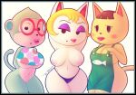  2018 animal_crossing anthro apron apron_only areola beauty_mark big_breasts black_border blonde_hair border bottomless bottomless_anthro bottomless_female breasts brown_hair cleavage clothed clothing digital_drawing_(artwork) digital_media_(artwork) domestic_cat dot_eyes elise_(animal_crossing) eyes_closed eyeshadow eyewear felid feline felis female glasses grey_body group hair hand_behind_head haplorhine hi_res kaitlin_(animal_crossing) lips lipstick makeup mammal monique_(animal_crossing) monkey mostly_nude nintendo nipples open_mouth panties pattern_clothing pink_lipstick primate purple_eyeshadow round_glasses signature simple_background sirredbenjamin solo spots spotted_clothing topless topless_anthro topless_female trio underwear white_background white_body yellow_body 