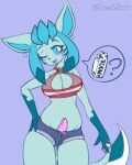  4:5 anthro big_breasts blue_body blue_eyes blue_hair blush breasts ear_piercing ear_ring eeveelution generation_4_pokemon genitals glaceon gynomorph hair hand_on_hip hi_res intersex mazzlerazz milk navel nintendo one_eye_closed penis phenna piercing pokemon pokemon_(species) ring_piercing signature simple_background smile solo speech_bubble standing text thick_thighs wide_hips wink 