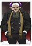  1461_1641 anthro bovid bovine brown_body brown_fur cattle clothing eyewear fur hair hi_res horn lifewonders male mammal muscular muscular_anthro muscular_male necktie scarf shennong smoking solo suit sunglasses tokyo_afterschool_summoners white_hair 