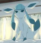  ambiguous_gender bed blue_body blue_eyes blue_hair blue_inner_ear blue_paws blue_sclera blush curtains_closed day dipstick_tail eeveelution feral furniture generation_4_pokemon glaceon hair inside looking_down makotoo markings morning nintendo on_bed pokemon pokemon_(species) sitting solo tail tail_markings 