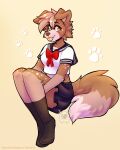  2022 anthro blep bottomwear bow_ribbon canid canine clothing female fleurfurr floppy_ears footprint footwear hi_res japanese_school_uniform mammal pawprint simple_background sitting skirt socks solo spots tongue tongue_out 