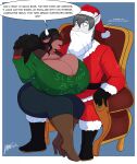  2022 anthro anthro_on_anthro big_breasts bottomwear bovid bovine breasts cattle christmas christmas_clothing christmas_headwear cleavage clothed clothing english_text female grant_(wing_black) greed hat headgear headwear hi_res holidays huge_breasts hyper hyper_breasts jwinkz male male/female mammal pants santa_hat sitting summer_(jwinkz) text 