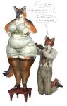  1920s 2021 anthro bottomwear bra canid canine cettus clothing dialogue dress_shirt duo english_text female footwear fox furniture hand_on_hip hi_res high_heels ilona_spruyterveldt kneeling lingerie male mammal measuring necktie overweight overweight_anthro overweight_female pants shirt shoes speech_bubble standing stool suspenders tape_measure text topwear underwear 