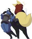  &lt;3 2021 3_toes 4_fingers 5_fingers anthro big_butt black_body black_clothing black_eyes black_fur black_shirt black_topwear blue_body blue_fur blue_hair bottomless bottomless_male bottomwear braixen butt clothed clothing dew_(dewwydarts) dewwydarts duo emanata featureless_crotch feet female fingers fluffy fluffy_tail fur generation_4_pokemon generation_6_pokemon grey_bottomwear grey_clothing grey_shirt grey_shorts grey_topwear hair hi_res maddie_(dewwydarts) male male/female multicolored_body multicolored_fur nintendo pokemon pokemon_(species) rear_view red_hair riolu shirt shorts simple_background simple_eyes standing tail thick_thighs toes topwear tripping two_tone_body two_tone_fur white_background white_body white_fur yellow_body yellow_fur 