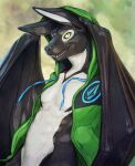  2022 anthro bat black_body black_nose clothed clothing dated fangs glistening glistening_eyes green_clothing green_eyes green_topwear grin half-length_portrait hi_res khyaber looking_at_viewer male mammal membrane_(anatomy) membranous_wings open_clothing open_topwear portrait pupils signature simple_background slit_pupils smile solo teeth topwear white_body wings 