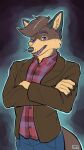  9:16 absurd_res anthro black_ears canid canine clothed clothing crossed_arms fox fully_clothed hi_res jacket leather leather_clothing leather_jacket leather_topwear male mammal multicolored_body pattern_clothing plaid plaid_clothing smile solo topwear 