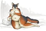  2021 anthro arm_support bedroom_eyes belly breasts canid canine cettus countershading covering covering_breasts curvy_figure female fox ilona_spruyterveldt inner_ear_fluff leaning_on_elbow looking_at_viewer mammal narrowed_eyes navel nude overweight overweight_anthro overweight_female pinup pose reclining seductive simple_background sitting smile solo thick_thighs tuft voluptuous white_body white_countershading 