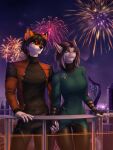  2022 anthro black_hair black_nose breasts canid canine canis clothed clothing detailed_background digital_media_(artwork) elvofirida eyebrows eyelashes female fireworks fish fox fur grey_body grey_skin hair hand_holding hi_res holidays humanoid_hands hybrid kamikaze_otium laguna_silverjaw male male/female mammal marine multicolored_body multicolored_fur new_year night orange_body orange_fur outside romantic romantic_ambiance romantic_couple shark sky smile star starry_sky story story_in_description two_tone_body two_tone_fur wolf yellow_eyes 