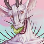  2019 anthro artist_logo bust_portrait dated fangs front_view green_tongue grey_horn hi_res horn logo looking_aside male nude open_mouth open_smile orange_eyes portrait pupils riorix scales simple_background smile solo species_request teeth tongue tongue_out unusual_pupils white_body white_scales 