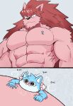  2_panel_comic abs anthro biceps big_muscles blue_body blue_fur blush canid canine canis city duo fur grey_background hair huge_muscles looking_down_at_another macro male mammal muscular muscular_anthro muscular_male pec_grab pecs question_mark red_hair serratus simple_background soonico wolf 