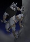  2022 abs absurd_res anthro athletic athletic_anthro athletic_male balls bandage biceps black_sclera bottomless canid canine canis claws clothed clothing death_(puss_in_boots) digital_media_(artwork) dreamworks flaccid fur genitals grey_body grey_fur hi_res holding_object holding_weapon humanoid_genitalia humanoid_penis male mammal marcofox navel partially_clothed penis puss_in_boots_(film) puss_in_boots_the_last_wish quads red_eyes sickle sky smile solo sparks star starry_sky teeth weapon wolf 