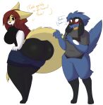  2021 3_toes 4_fingers anthro big_breasts big_butt black_body black_clothing black_fur black_sclera black_shirt black_topwear blue_body blue_bottomwear blue_clothing blue_fur blue_hair blue_shorts blush bodily_fluids bottomless bottomless_male bottomwear braixen breasts butt clothed clothing dew_(dewwydarts) dewwydarts dialogue dressing duo featureless_crotch feet female fingers fluffy fluffy_tail fur generation_4_pokemon generation_6_pokemon grey_clothing grey_shirt grey_topwear hair hi_res looking_back maddie_(dewwydarts) male male/female motion_lines multicolored_body multicolored_fur nervous nintendo pokemon pokemon_(species) red_hair riolu shirt shorts simple_background standing sweat tail thick_thighs toes topwear two_tone_body two_tone_fur white_background white_body white_fur yellow_body yellow_eyes yellow_fur 