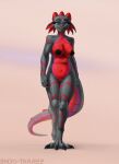  anthro areola breasts commissioned dragon facial_piercing female genitals grey_body hi_res markings navel nipples nose_piercing nose_ring nude piercing presenting pussy red_body ring_piercing shido-tara simple_background smile solo standing tail 