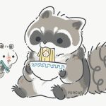  1:1 2022 anthro black_eyes black_nose bodily_fluids didelphid dot_eyes drooling duo eating food grey_body mammal marsupial procyonid raccoon saliva simple_background sitting white_body yencatx 