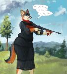  1920s 2021 anthro belly_overhang canid canine cettus chubby_belly clothing cloud day dialogue dress ear_piercing english_text female fox grass gun hi_res holding_object holding_weapon ilona_spruyterveldt love_handles mammal muffin_top outside piercing plant pudgy_belly ranged_weapon sky slightly_chubby slightly_chubby_anthro slightly_chubby_female solo standing submachine_gun text thompson_gun tight_clothing tree weapon 