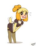  animal_crossing anthro apron bell black_nose blush canid canine canis clothing colarix domestic_dog embarrassed female fishnet fur hi_res isabelle_(animal_crossing) jingle_bell leaning leaning_forward legwear looking_at_viewer maid_uniform mammal nintendo open_mouth simple_background solo thigh_highs uniform yellow_body yellow_fur yellow_tail 