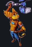  absurd_res anthro athletic boots clothed clothing footwear fur gloves green_eyes handwear hi_res lombax male mammal omniwrench ratchet ratchet_and_clank smile solo sony_corporation sony_interactive_entertainment stripes sygnatus 